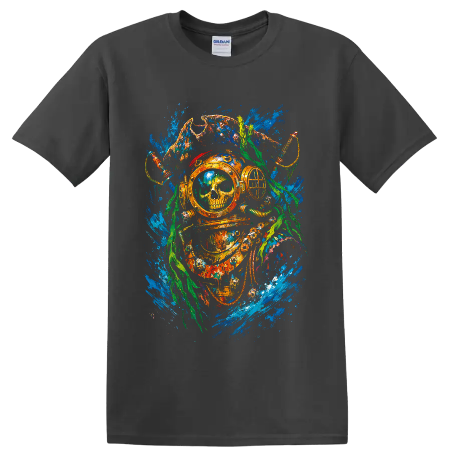 Vintage deep-sea diver helmet with skull, octopus tentacles, seaweed, and blue water on a Charcoal T Shirt