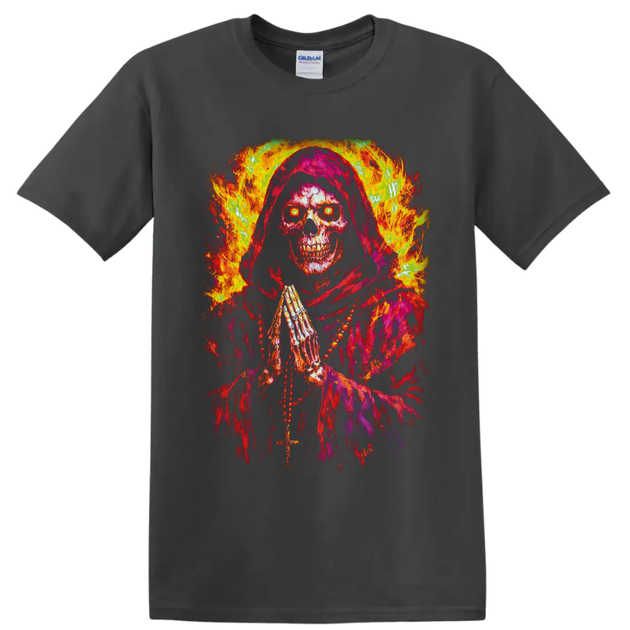 Fiery hooded grim reaper skull with praying hands, cross, and glowing eyes on a Charcoal T Shirt