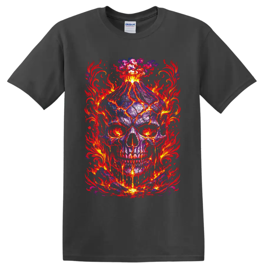 Volcanic purple skull with molten lava cracks, erupting fire, and red flame artwork on a Charcoal T Shirt