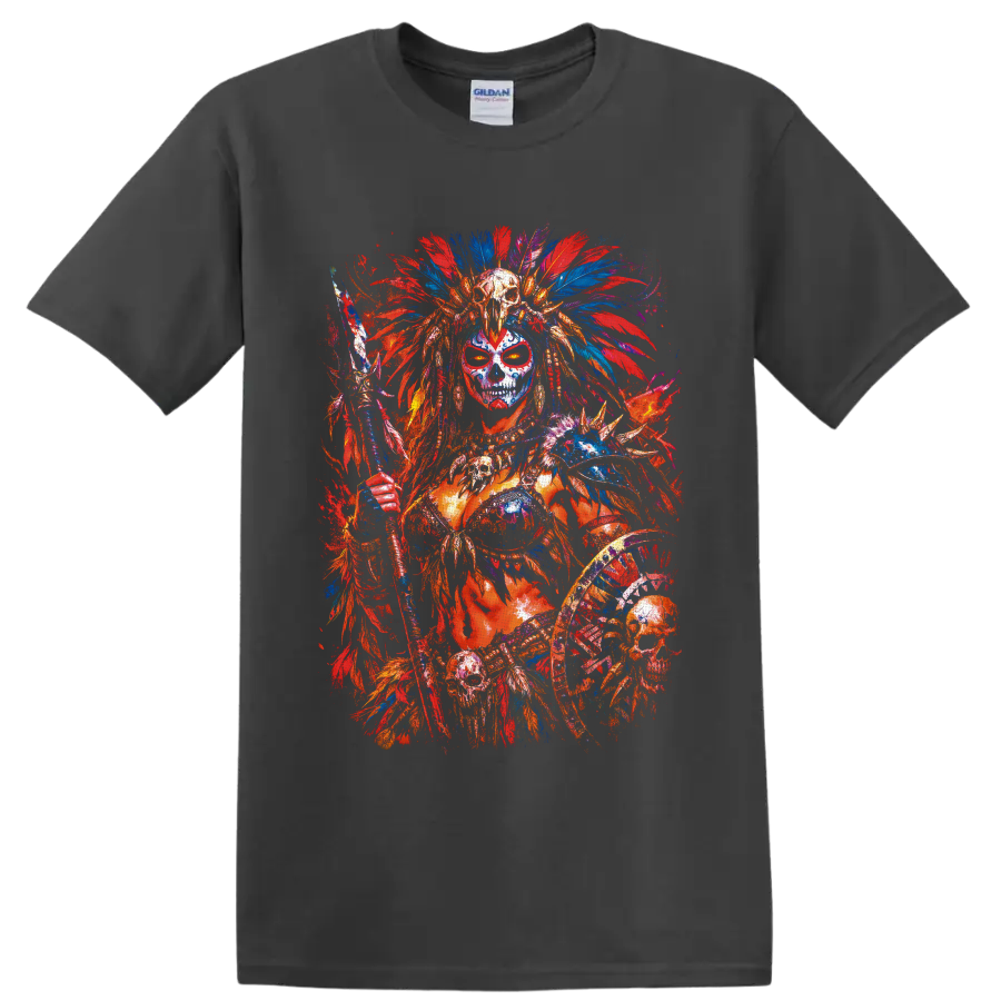 Skull-faced fantasy warrior with feather headdress, staff, shield, and vivid paint on a Charcoal T Shirt