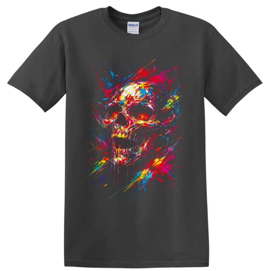 Colorful skull with explosive paint splatters and graffiti-style brushstrokes on a Charcoal T Shirt