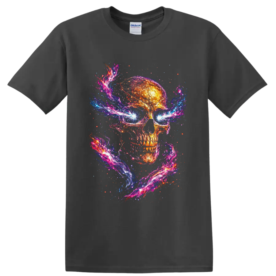 Fiery cosmic skull with neon galaxy swirls, electric blue eyes, and starlight on a Charcoal T Shirt