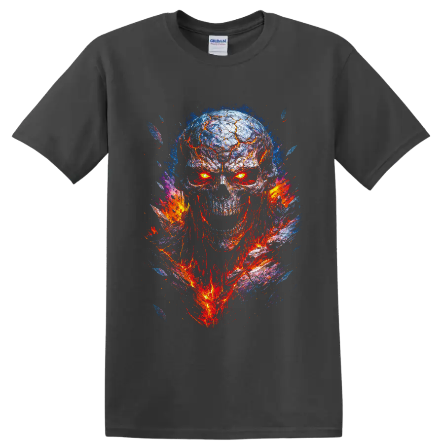 Molten lava skull illustration with glowing eyes and blue flame-like splashes on a Charcoal T Shirt