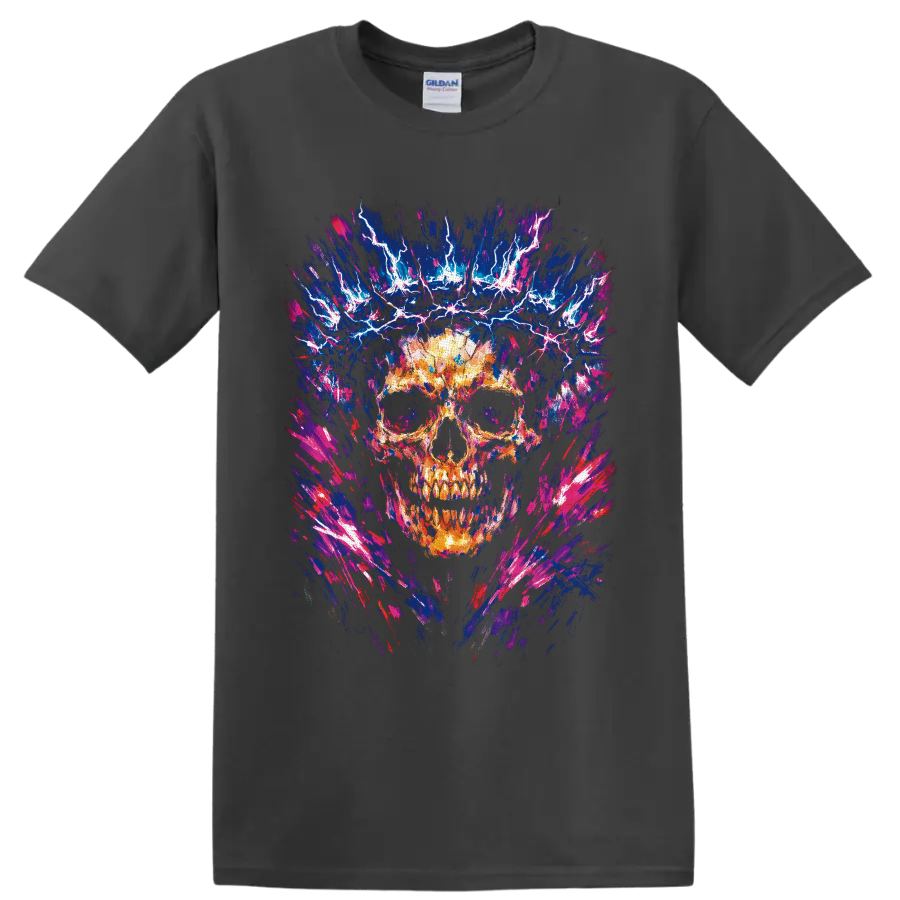 Fiery skull with electric lightning in neon blue, pink, and abstract brushstroke art on a Charcoal T Shirt