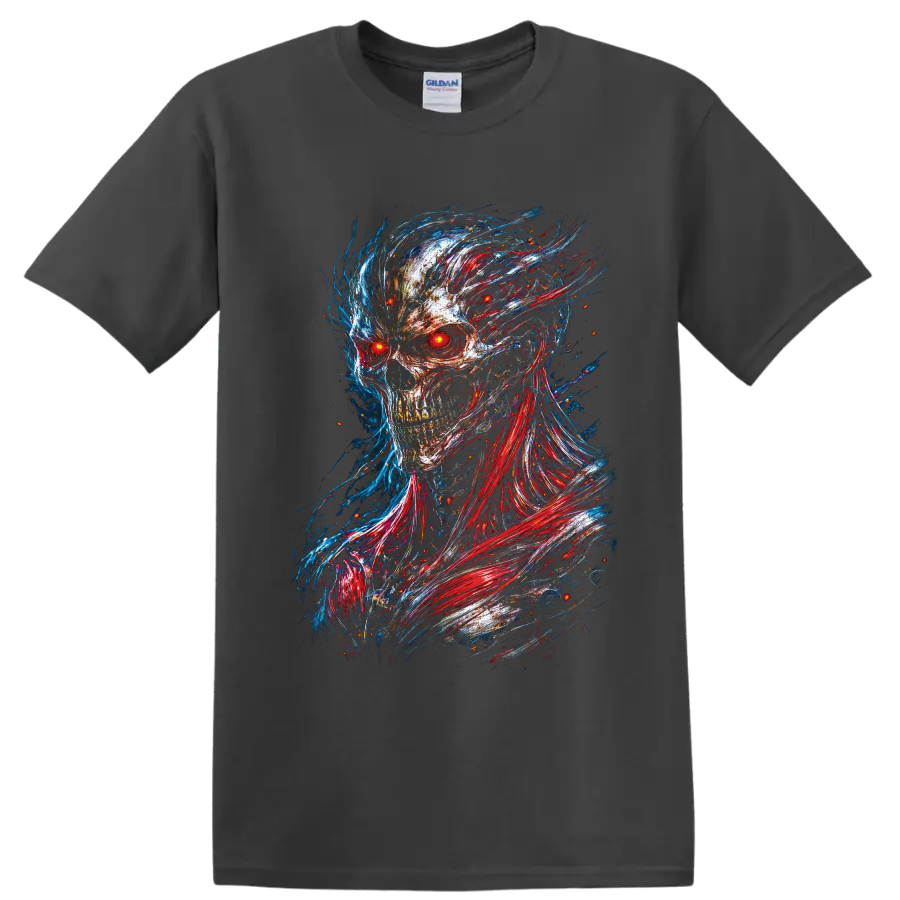 Cyberpunk skull with glowing red eyes and red blue neon glitch-art energy trails on a Charcoal T Shirt