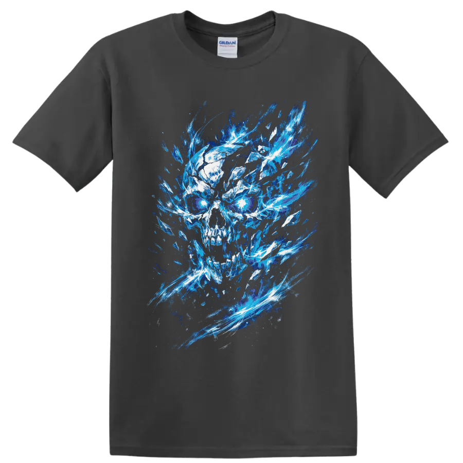 Blue ice skull illustration with glowing eyes and exploding crystal shards on a Charcoal T Shirt