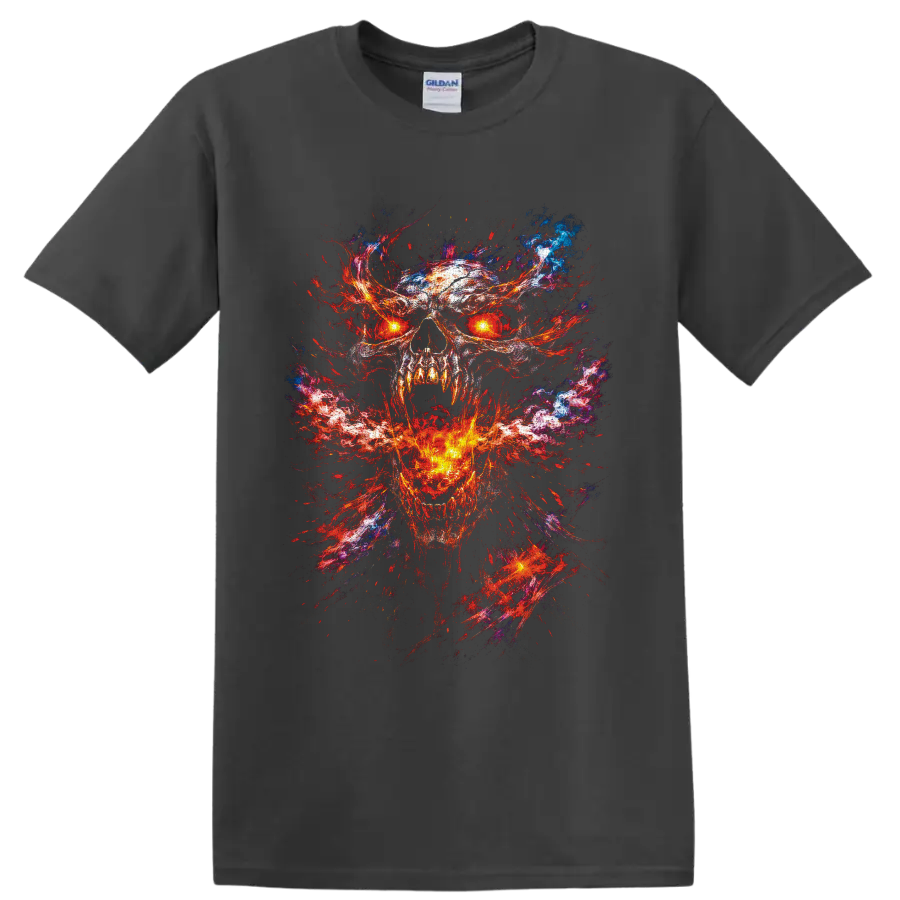 Glowing-eyed flaming skull in fiery gothic horror paint-splatter art on a Charcoal T Shirt