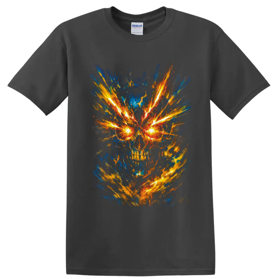 Abstract fiery skull with glowing electric eyes and explosive blue and gold brushstrokes on a Charcoal T Shirt