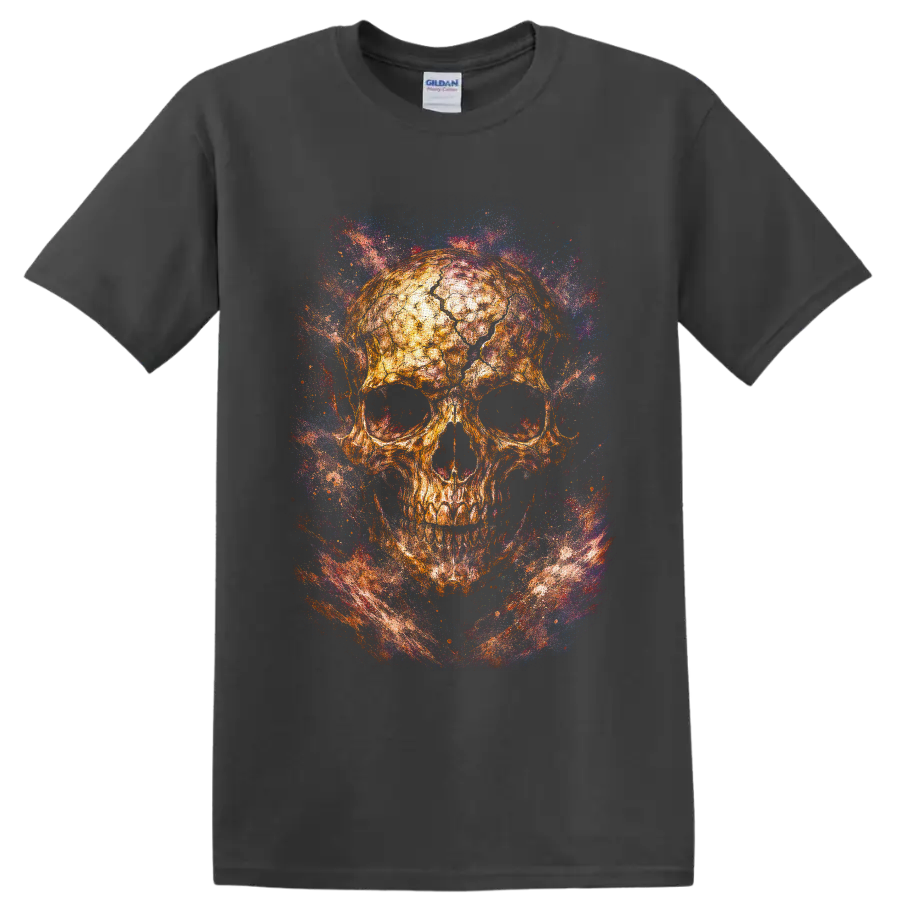 Golden skull with swirling blue, purple, and red galaxy-style splatter art on a Charcoal T Shirt