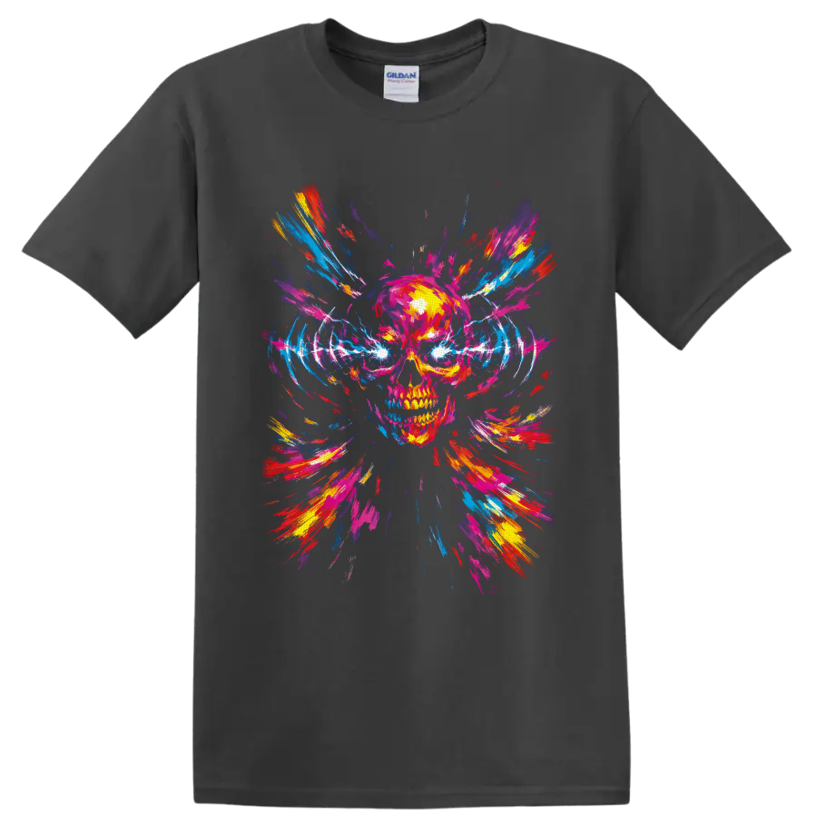 Neon paint splash skull with electric eyes and radiating abstract brush strokes on a Charcoal T Shirt