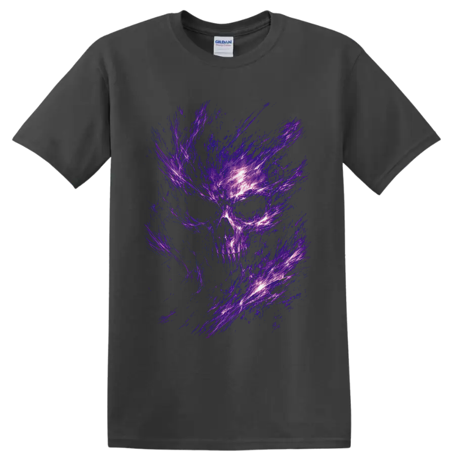 Abstract purple energy skull with glowing violet streaks in gothic horror style on a Charcoal T Shirt