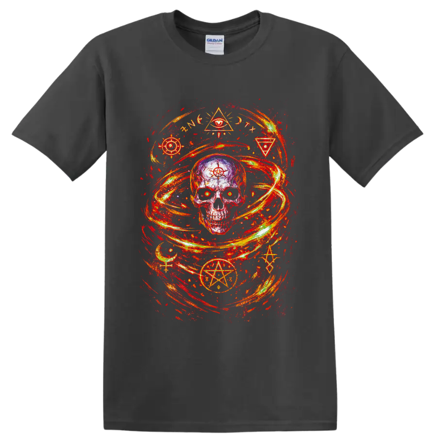 Distressed occult skull with pentagram, crescent moons, symbols, and fiery swirling on a Charcoal T Shirt
