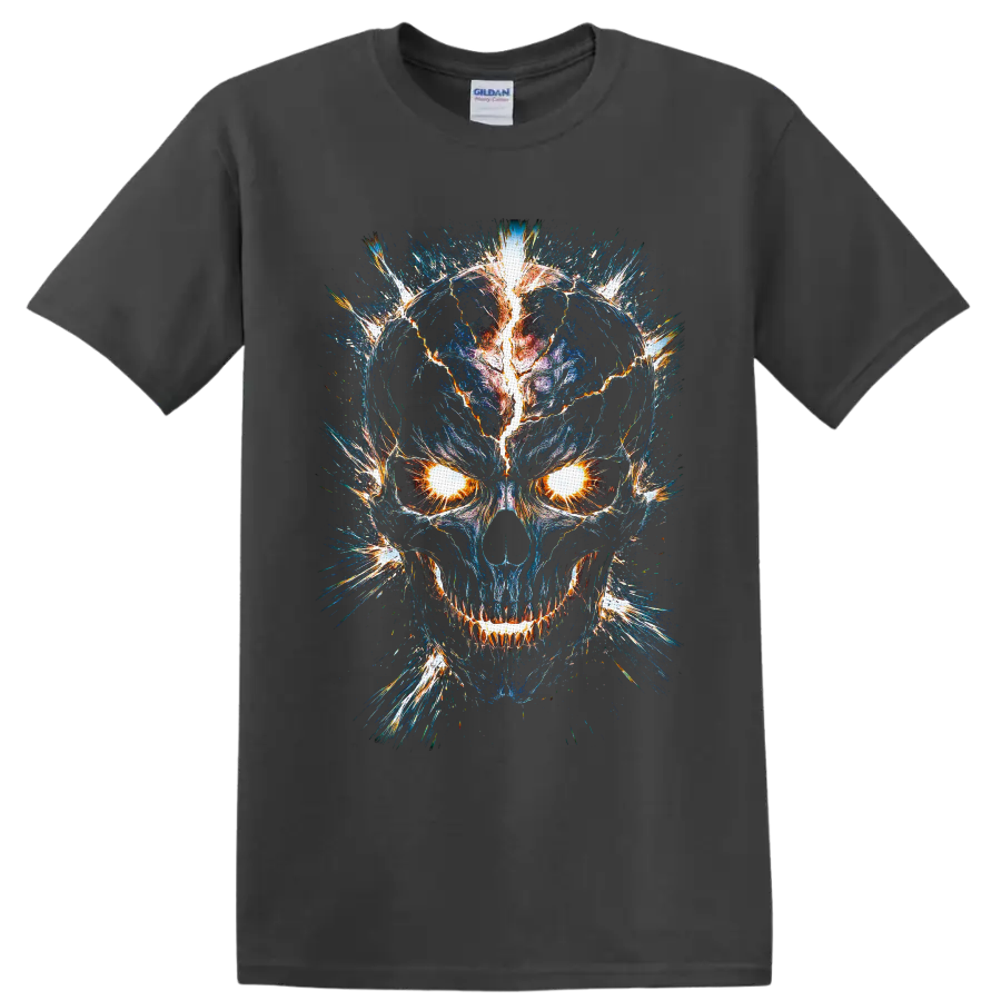 Electric blue skull graphic with blazing eyes, cracked lightning, and fiery sparks on a Charcoal T Shirt