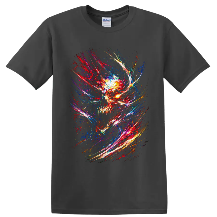 Abstract neon skull with glowing eye and psychedelic multicolor light trails on a Charcoal T Shirt