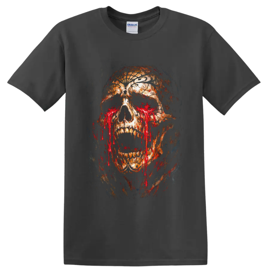 Distressed bleeding skull illustration with cracked textures, hollow eyes, and red drips on a Charcoal T Shirt
