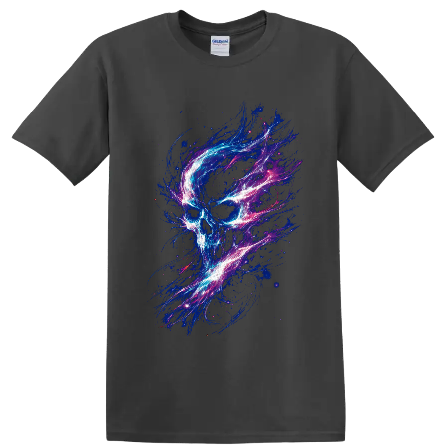 Neon cosmic skull illustration with swirling blue, pink, purple, and white energy on a Charcoal T Shirt