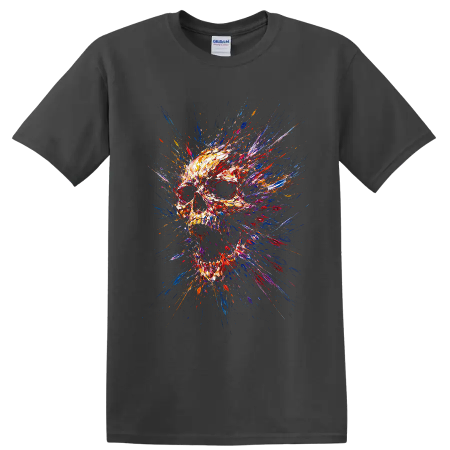 Abstract skull illustration with explosive colorful paint strokes and splatters on a Charcoal T Shirt