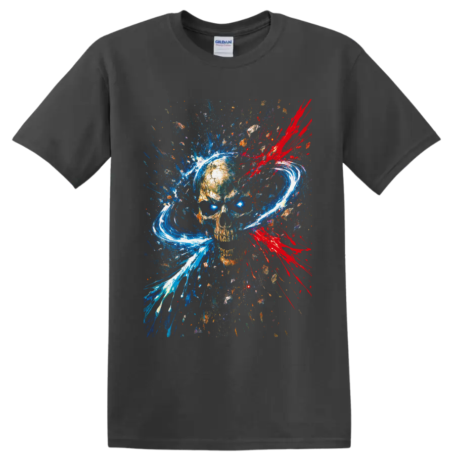 Abstract weathered skull with blue paint splashes, red splatters, and white brushstroke on a Charcoal T Shirt