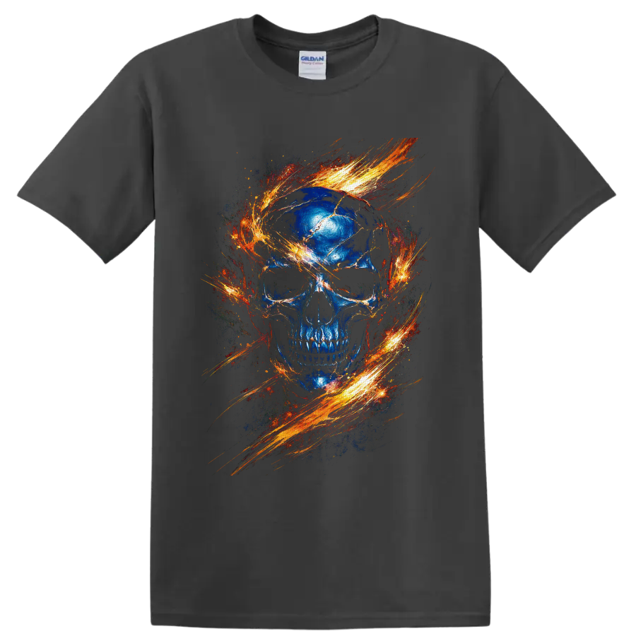 Blue cracked skull with swirling fiery orange gothic flame artwork on a Charcoal T Shirt