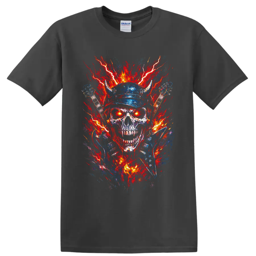 Horned skull with electric guitars, lightning, and fiery heavy metal splatter art on a Charcoal T Shirt