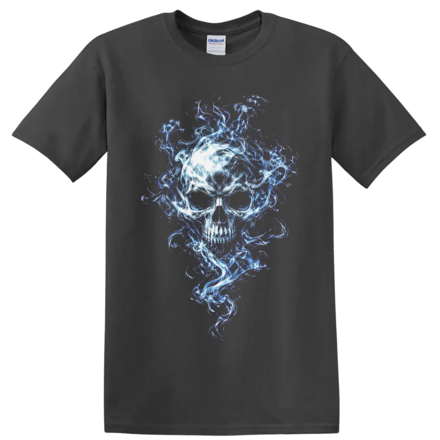 Luminous skull surrounded by swirling blue, white, and violet spectral flames on a Charcoal T Shirt