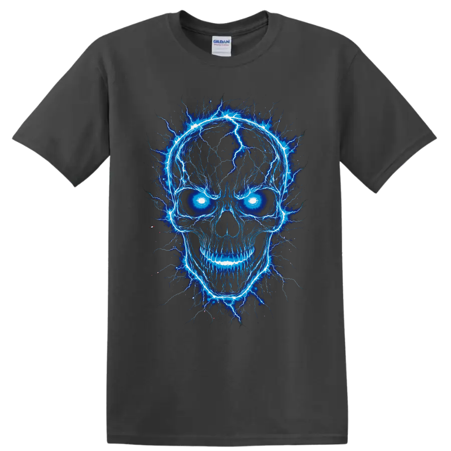 Electric blue lightning skull graphic with glowing eyes and gothic horror linework on a Charcoal T Shirt