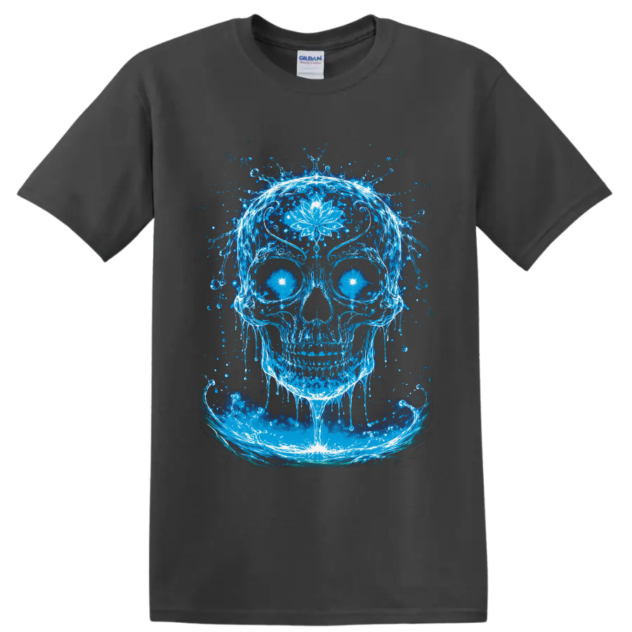 Glowing blue water skull with white lotus flower, radiant eyes, and splash art waves on a Charcoal T Shirt