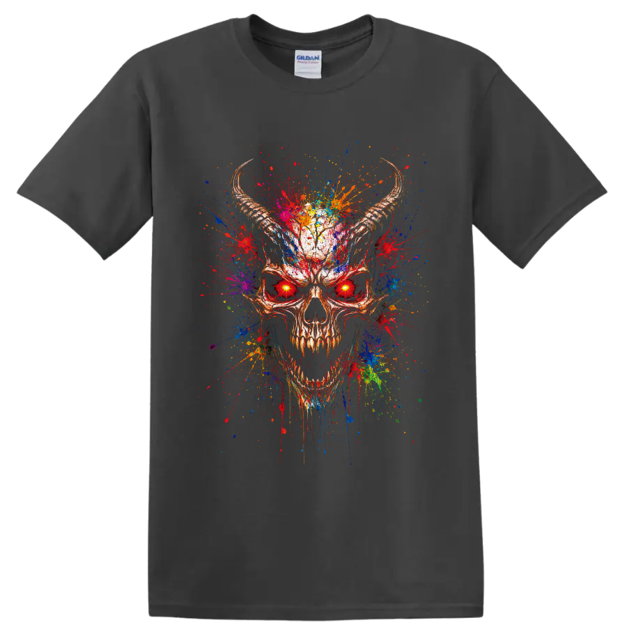 Horned skull with glowing red eyes and vivid multicolor paint splatter artwork on a Charcoal T Shirt