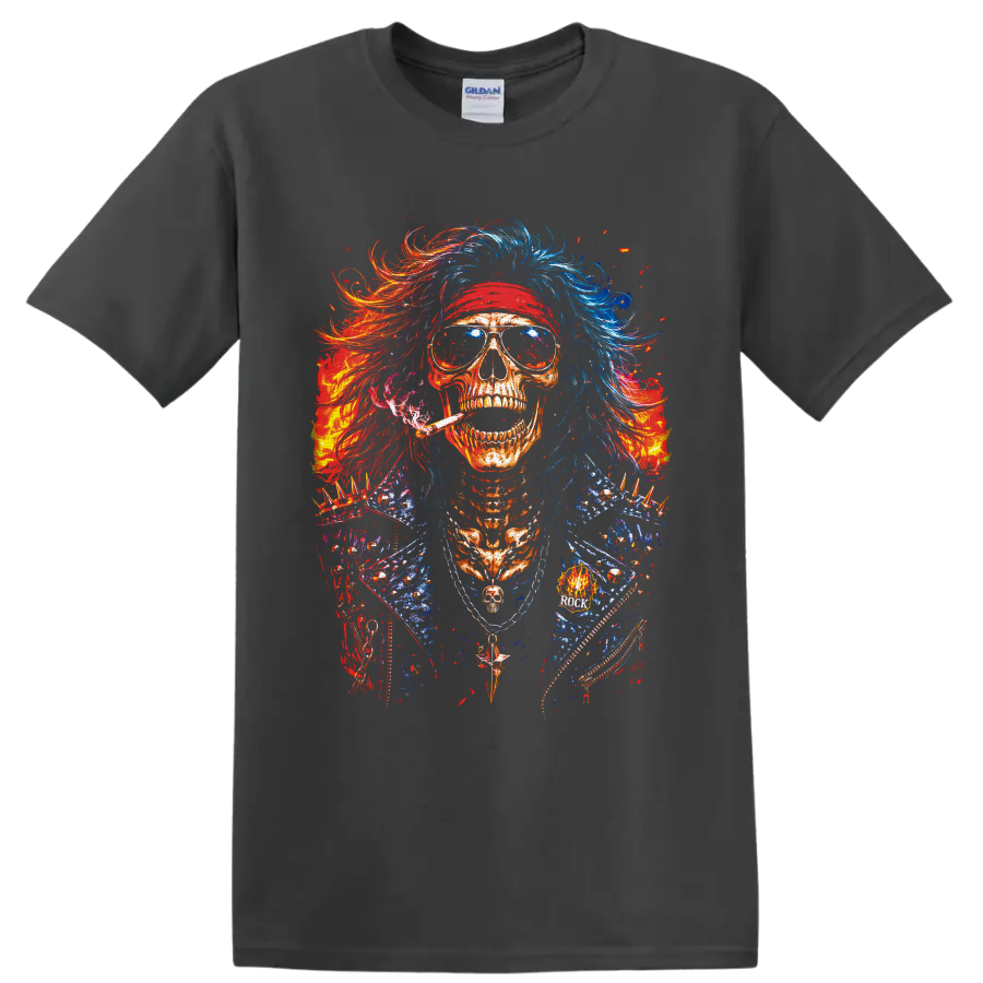 Colorful punk rock skull in sunglasses, red headband, wild hair, and spiked jacket on a Charcoal T Shirt