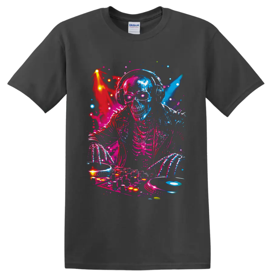 Neon skeleton DJ in headphones mixing turntables and vinyl in a vivid rave art style on a Charcoal T Shirt