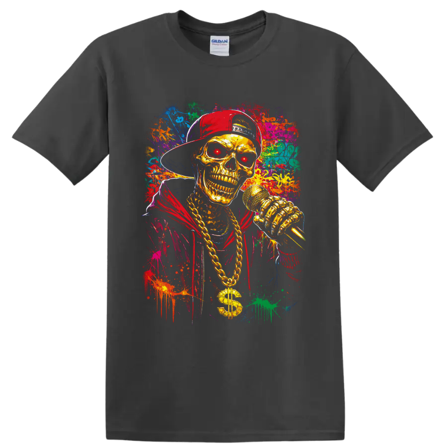 Gold skeleton rapper with microphone, chain, red cap, and colorful graffiti splatter art on a Charcoal T Shirt