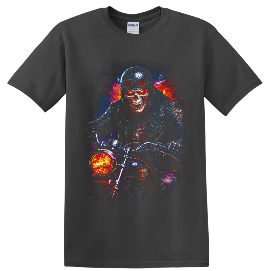 Fiery skull biker on a motorcycle with flames in vivid gothic horror art on a Charcoal T Shirt