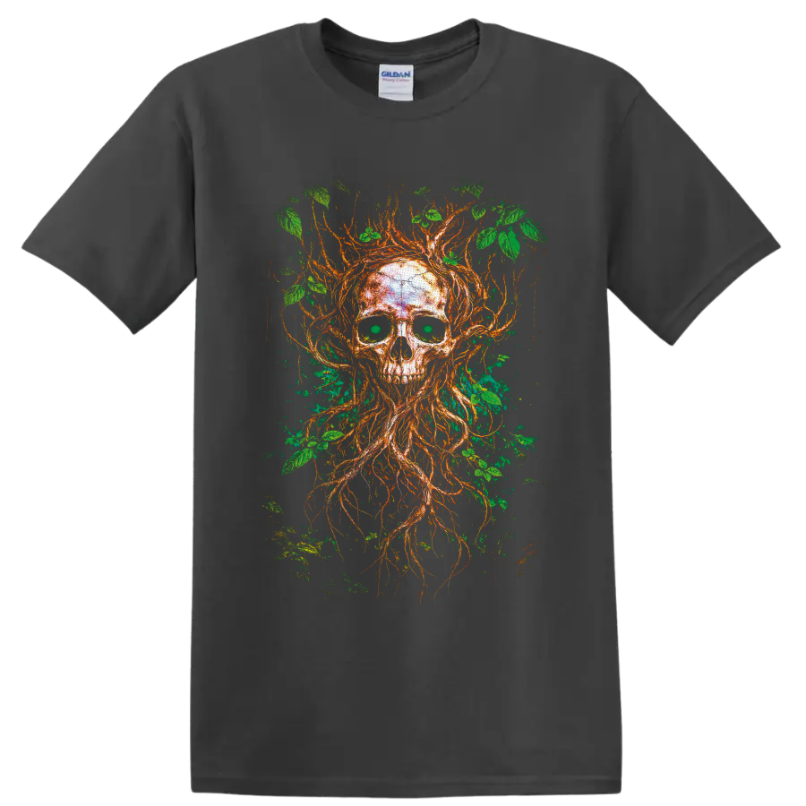 Gothic tree skull illustration with twisting roots, branches, and green leaves on a Charcoal T Shirt