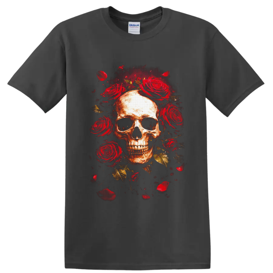 Weathered skull surrounded by red roses, petals, and gold leaves in gothic horror art on a Charcoal T Shirt