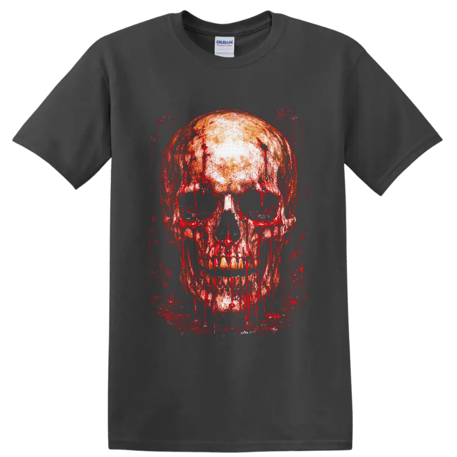 Bloody dripping skull in distressed red gothic grunge paint on a Charcoal T Shirt
