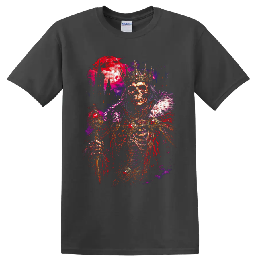 Crowned skeleton king with jeweled armor, crimson moon, and gothic castle spires on a Charcoal T Shirt
