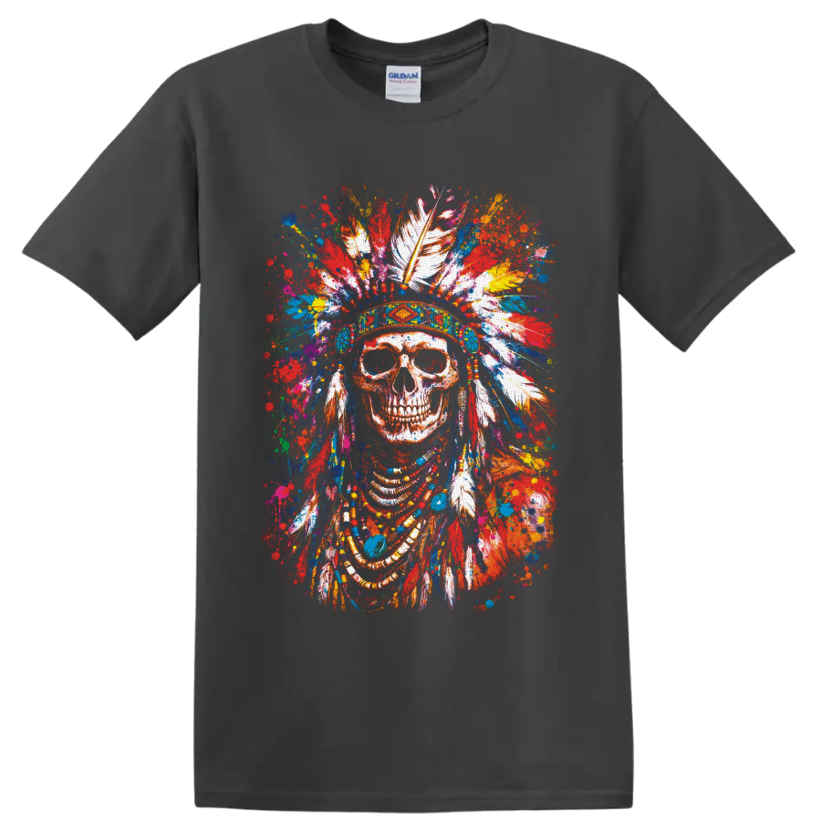 Color-splash skull portrait with patterned feather headdress, beads, and paint splatters on a Charcoal T Shirt