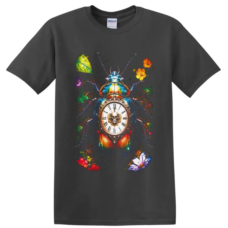 Colorful scarab beetle with skull clock, Roman numerals, flowers, and leaves on a Charcoal T Shirt