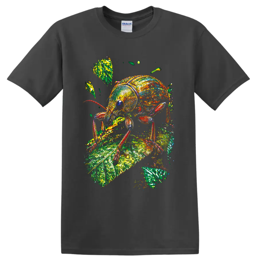 Colorful painterly weevil beetle standing on a textured green botanical leaf on a Charcoal T Shirt
