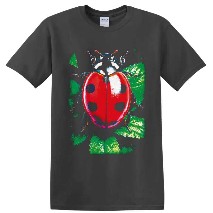Detailed red ladybug with black spots and green botanical leaves illustration on a Charcoal T Shirt