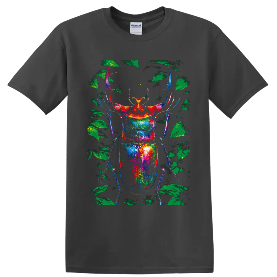 Rainbow stag beetle illustration with green forest leaves in neon-style colors on a Charcoal T Shirt