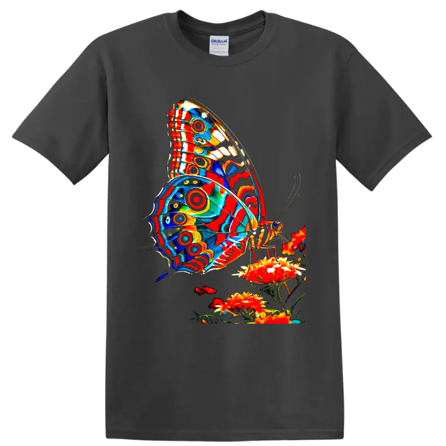 Psychedelic butterfly with vivid patterned wings perched on bright garden flowers on a Charcoal T Shirt