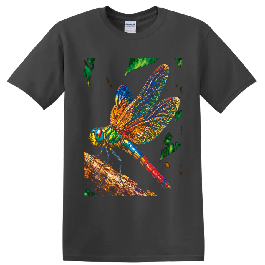 Colorful stained-glass-style dragonfly perched on a textured branch with leafy foliage on a Charcoal T Shirt