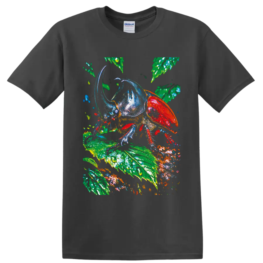 Colorful rhinoceros beetle illustration on glossy tropical rainforest leaves on a Charcoal T Shirt