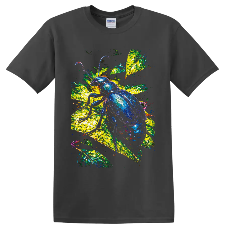 Jewel-toned beetle on luminous tropical leaves with water-droplet texture on a Charcoal T Shirt