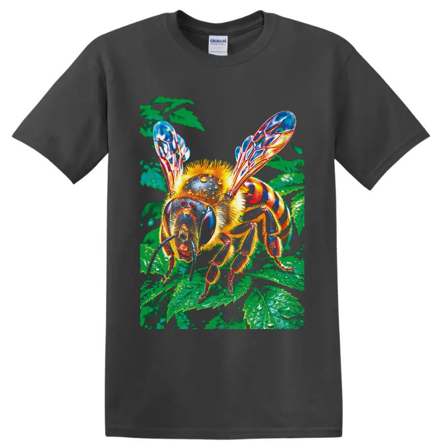 Colorful honey bee with translucent wings on glossy green garden leaves on a Charcoal T Shirt