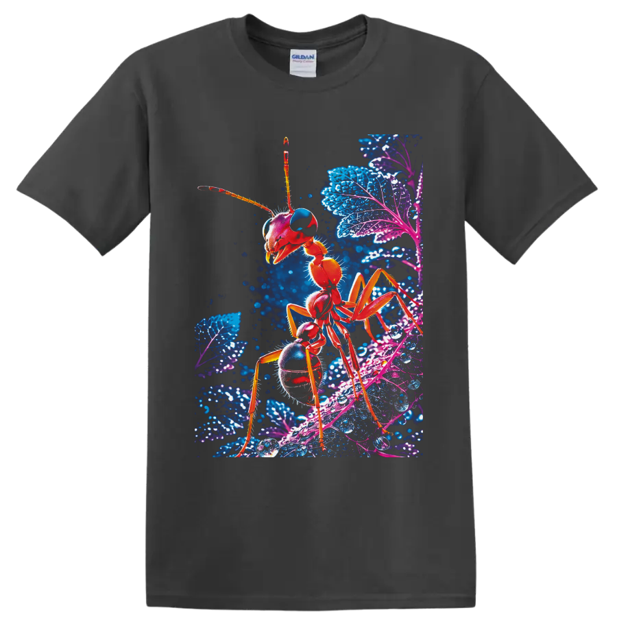 Neon red ant macro illustration on glowing blue and purple leaves with water droplets on a Charcoal T Shirt