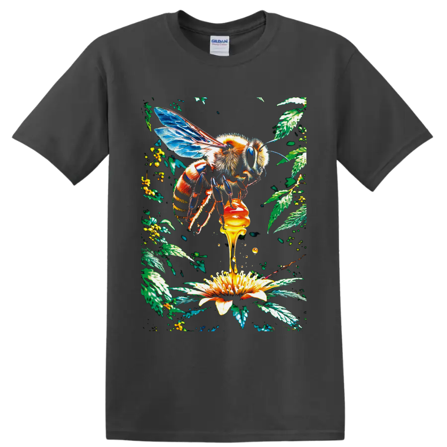 Detailed Honey Bee with blue wings, dripping honey, yellow flower, and botanical leaves on a Charcoal T Shirt