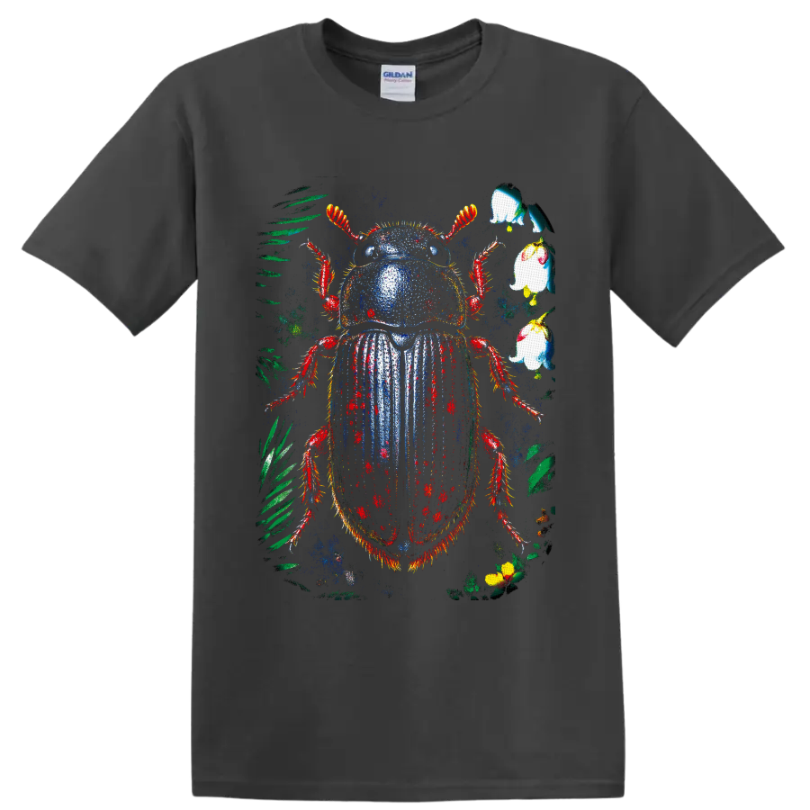 Distressed colorful beetle with tropical leaves and pale blossoms on a Charcoal T Shirt