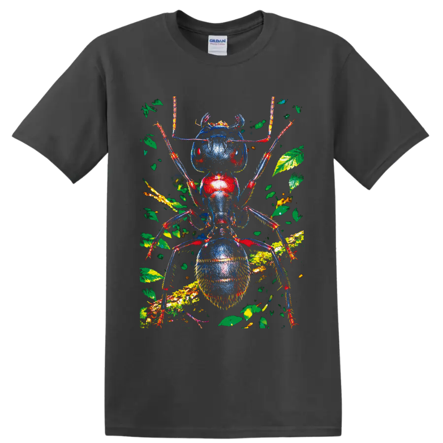 Colorful macro ant portrait with blue and red body, leafy forest branches and antennae on a Charcoal T Shirt